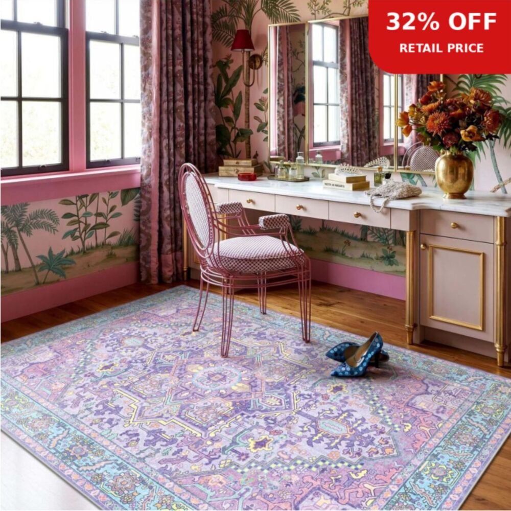 Brand New Kokia Vintage Boho Oriental Washable Area Rug – Lavender, 9' × 12'